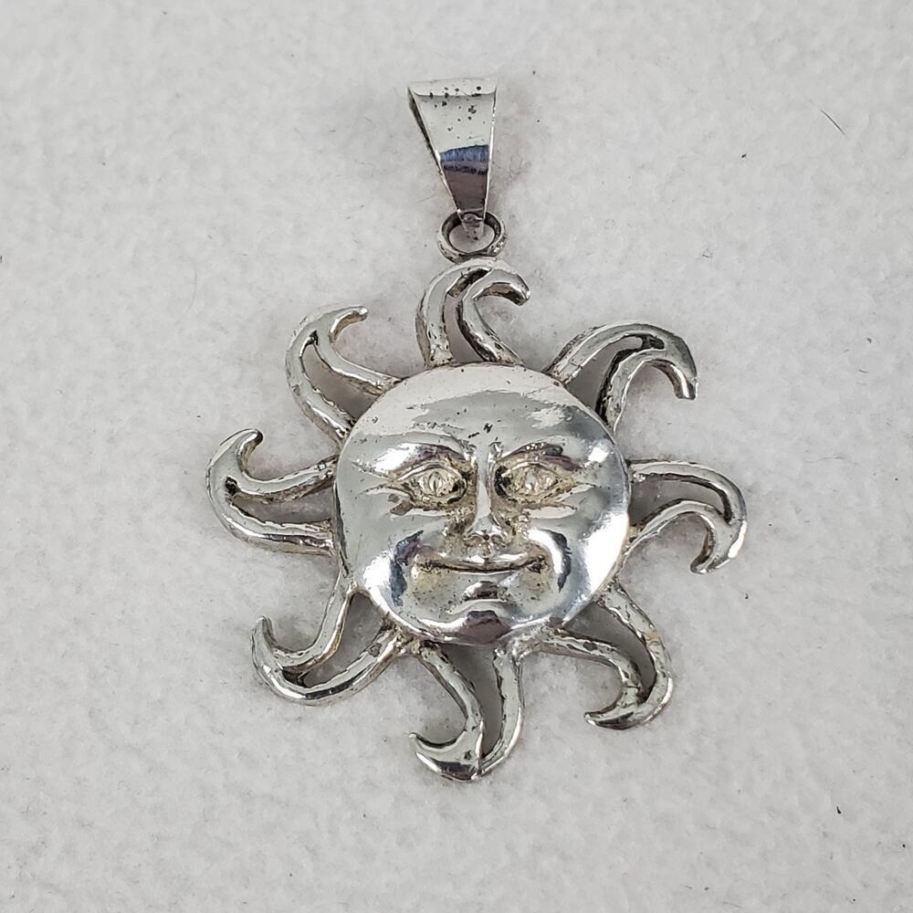 Vtg Sterling Silver 925 Mexico Smiling Sun Face Happy Pendant Signed